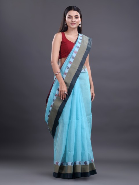 

Mitera Blue & Black Woven Design Pure Cotton Taant Saree