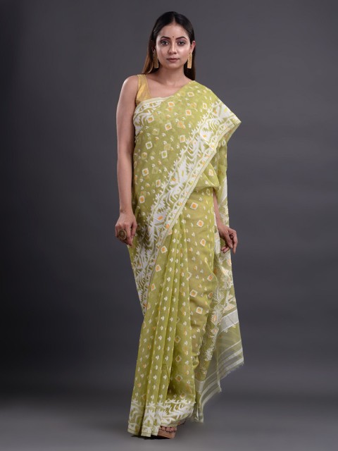 

Mitera Lime Green & White Woven Design Pure Cotton Heavy Work Jamdani Saree