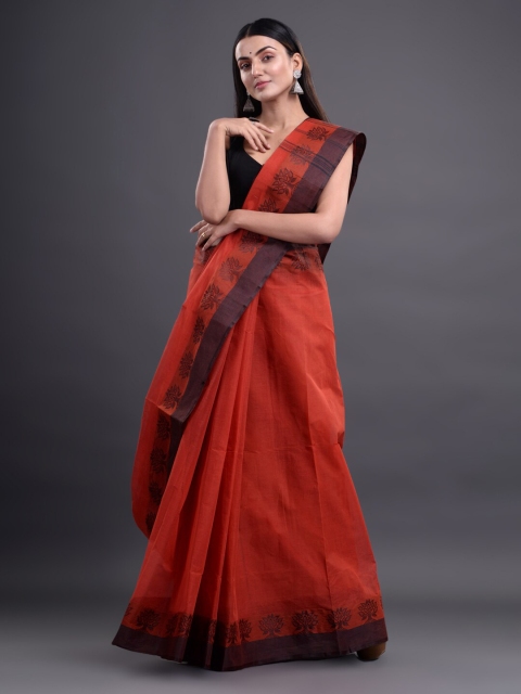 

Mitera Rust Red & Black Pure Cotton Taant Saree
