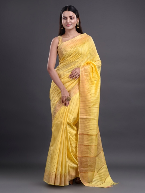 

Mitera Yellow & Golden Striped Zari Silk Cotton Bhagalpuri Saree