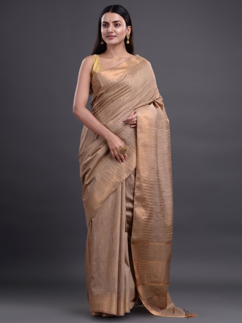 

Mitera Beige & Gold-Toned Woven Design Silk Cotton Heavy Work Bhagalpuri Saree