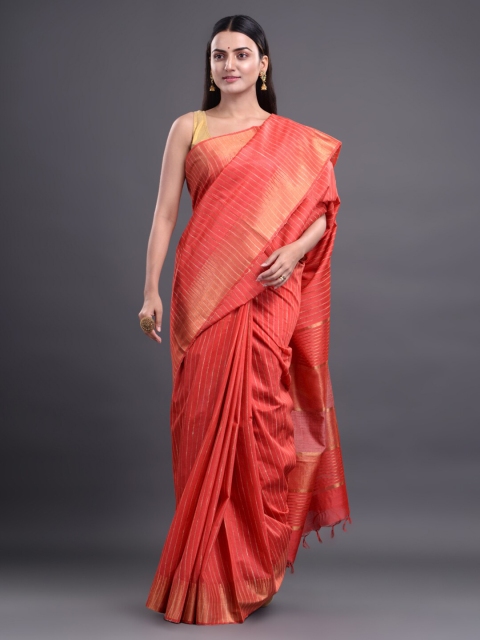 

Mitera Red & Gold-Toned Striped Zari Silk Cotton Bhagalpuri Saree