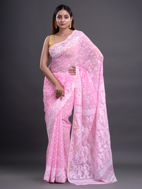 

Mitera Pink & White Woven Design Pure Cotton Jamdani Saree
