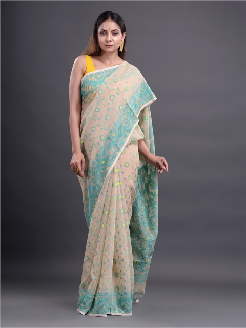 

Mitera Beige & Turquoise Blue Ethnic Motifs Pure Cotton Jamdani Saree