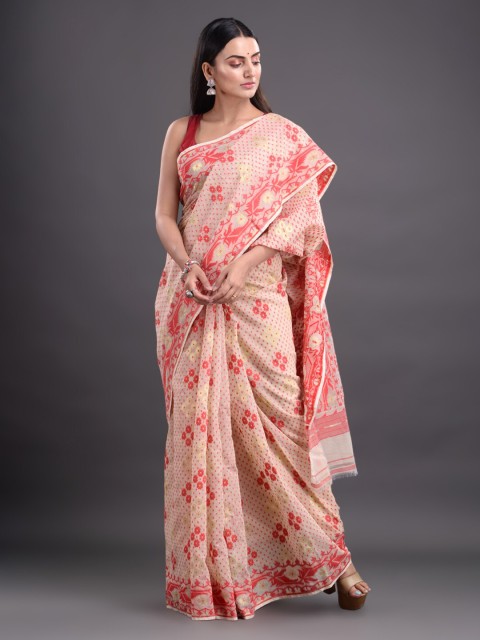 

Mitera Red & White Ethnic Motifs Pure Cotton Heavy Work Jamdani Saree
