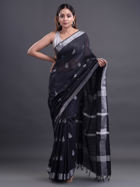 

Mitera Black & Silver-Toned Woven Design Zari Silk Cotton Bhagalpuri Saree