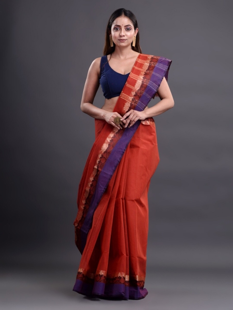 

Mitera Rust & Violet Woven Design Pure Cotton Taant Saree