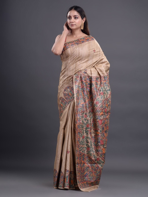 

Mitera Beige Ethnic Motifs Pure Silk Tussar Saree