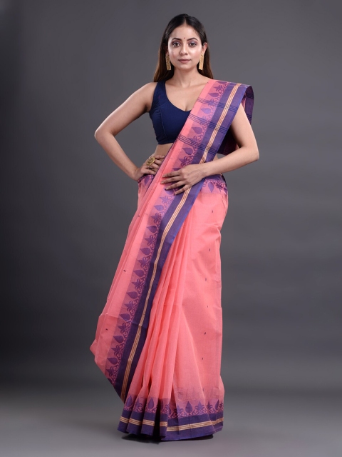 

Mitera Pink & Violet Woven Design Pure Cotton Taant Saree