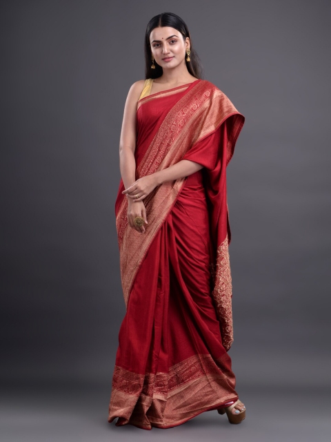 

Mitera Maroon & Gold-Toned Zari Pure Silk Saree