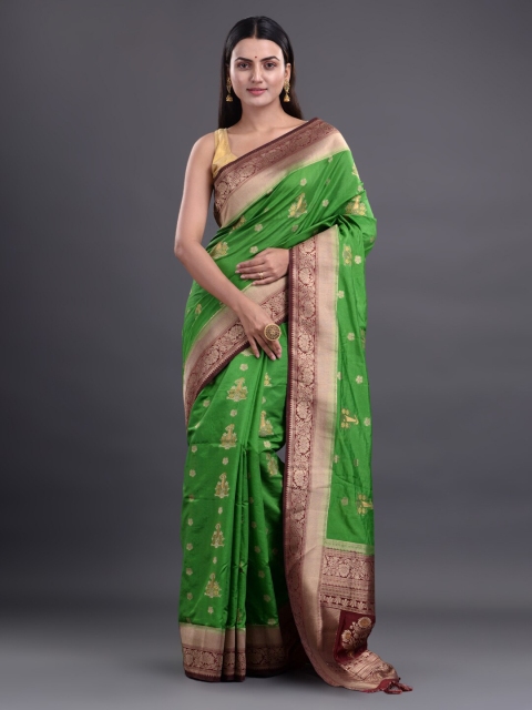 

Mitera Green & Brown Floral Zari Silk Blend Banarasi Saree