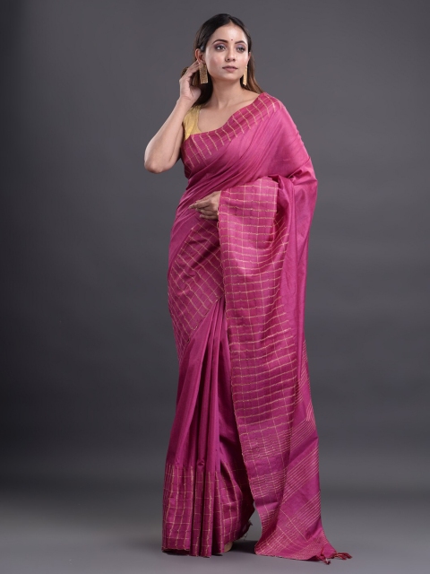 

Mitera Pink Striped Woven Design Zari Silk Cotton Heavy Work Bhagalpuri Saree