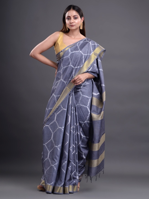 

Mitera Grey & Gold-Toned Woven Design Silk Cotton Bhagalpuri Saree