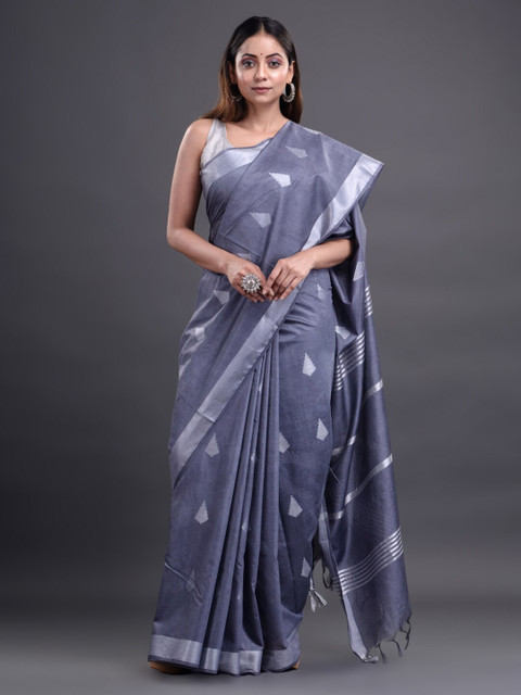 

Mitera Grey & Silver-Toned Woven Design Silk Cotton Bhagalpuri Saree
