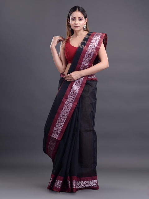 

Mitera Black & Maroon Woven Design Pure Cotton Heavy Work Taant Saree