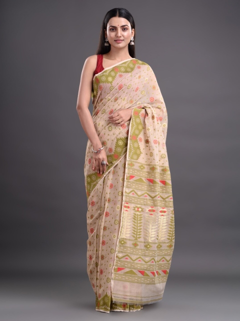 

Mitera Beige & Green Woven Design Pure Cotton Jamdani Saree