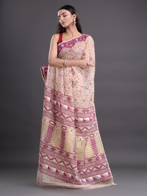 

Mitera Beige & Magenta Woven Design Pure Cotton Jamdani Saree
