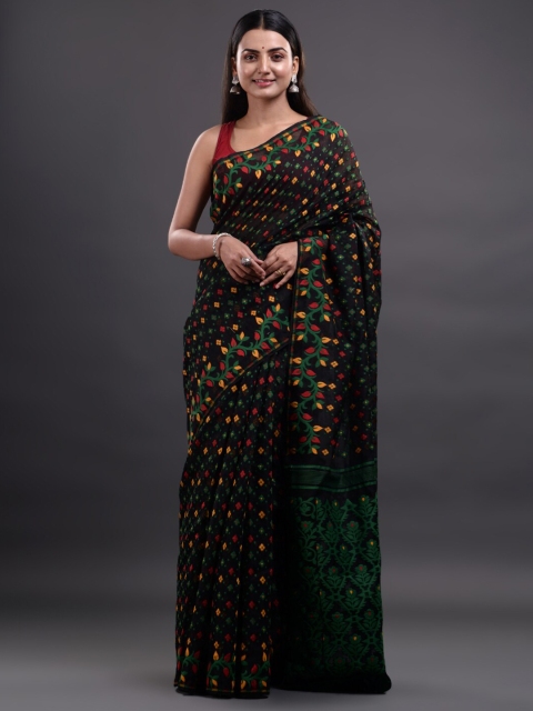 

Mitera Black & Green Woven Design Pure Cotton Jamdani Saree