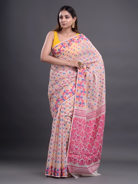 

Mitera Beige & Pink Ethnic Motifs Pure Cotton Jamdani Saree