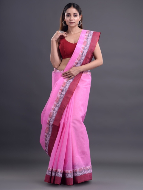 

Mitera Pink & Maroon Striped Woven Design Pure Cotton Heavy Work Taant Saree