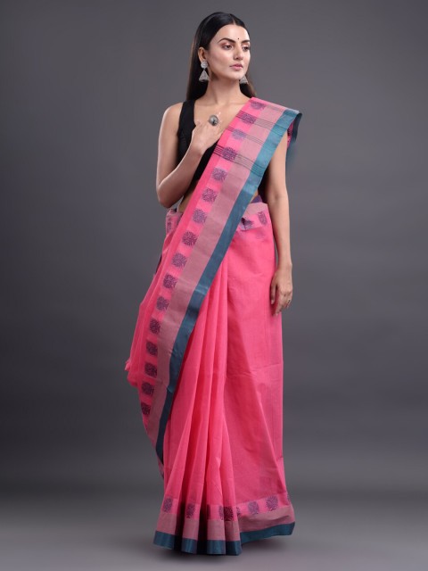 

Mitera Pink & Turquoise Blue Woven Design Pure Cotton Taant Saree
