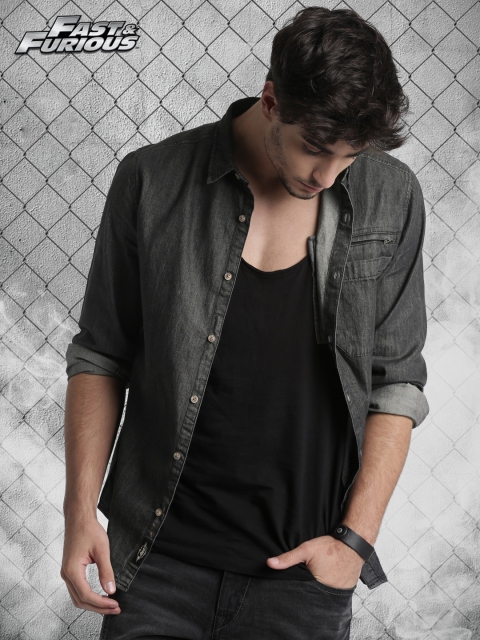 

Roadster Fast and Furious Men Black Regular Fit Faded Casual Shirt