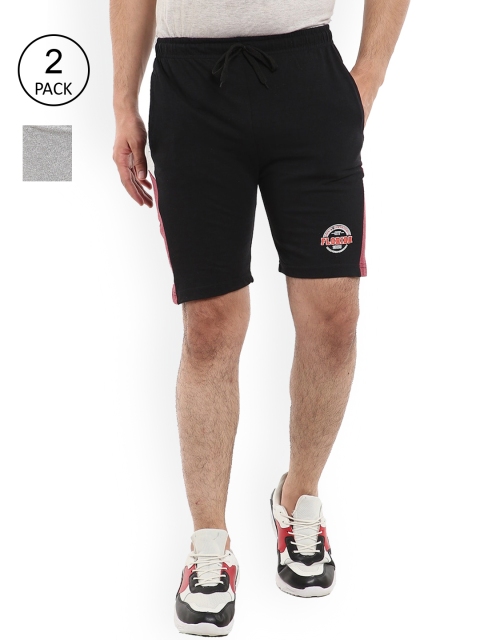 V-Mart Men Black & Grey Cotton Mid-Rise Sports Shorts Pack Of 2
