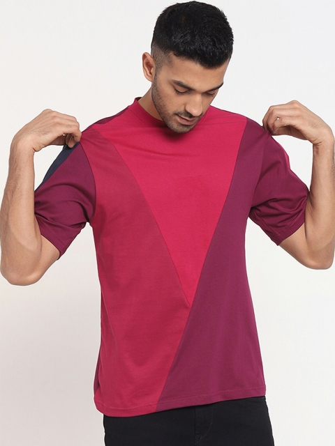 

Bewakoof Men Pink & Burgundy Colourblocked Loose Pure Cotton T-shirt