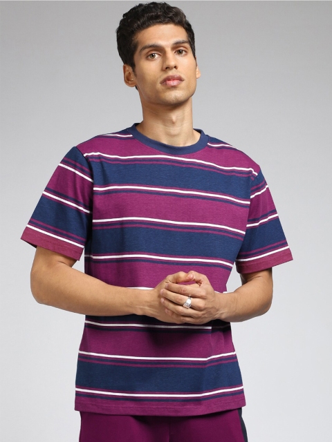 

Bewakoof Men Purple & Blue Striped Running Cotton T-shirt