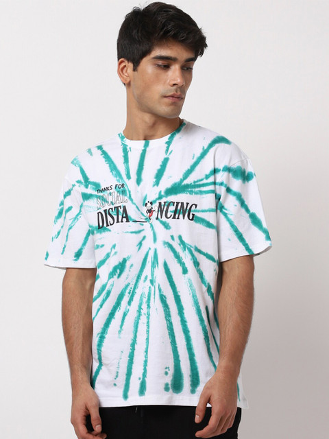 

Bewakoof Men White & Green Tie and Dye Cotton Oversized T-shirt
