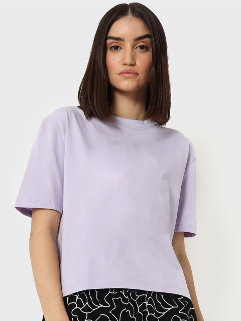

Bewakoof Women Lavender Drop-Shoulder Sleeves Pure Cotton Crop T-shirt