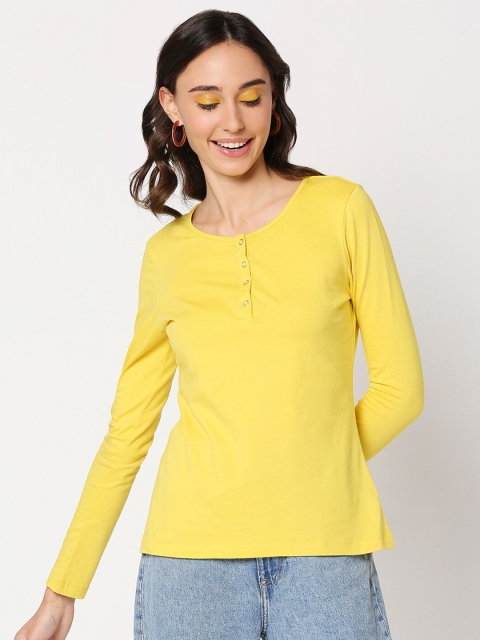 

Bewakoof Women Yellow Henley Neck Pure Cotton Slim Fit T-shirt