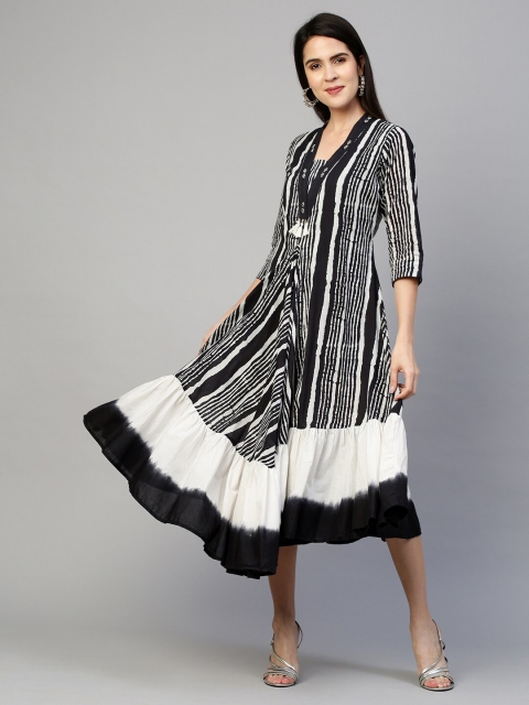 

FASHOR Women Black Striped Cotton A-Line Maxi Dress