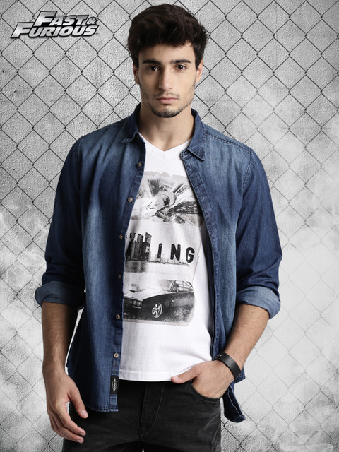 

Roadster Fast and Furious Men Blue Faded Casual Denim Shirt
