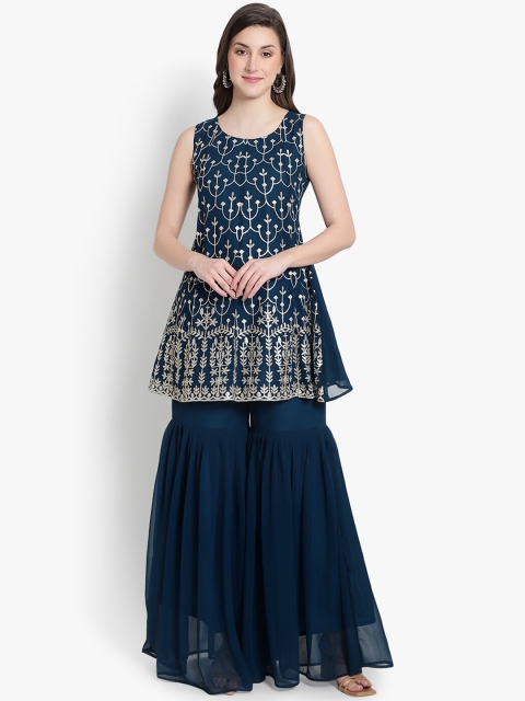 

heemara Women Teal Ethnic Motifs Embroidered Silk Georgette Kurta with Sharara & Dupatta