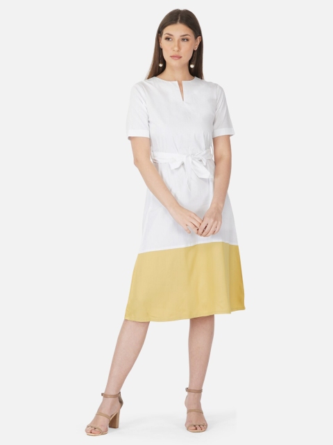 

Anysa White & Yellow Colourblocked Cotton A-Line Dress