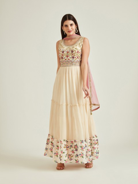 

Neerus Women Cream-Coloured Floral Georgette Ethnic A-Line Maxi Dress