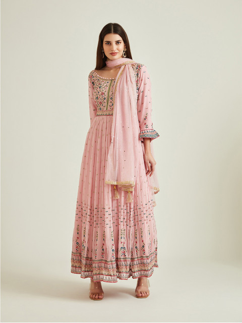 

Neerus Peach-Coloured Floral Georgette Ethnic Maxi Dress