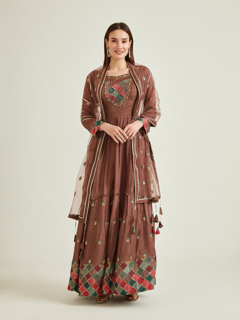 

Neerus Women Brown Ethnic Motifs Embroidered Anarkali Kurta With Dupatta
