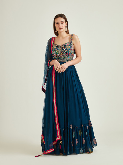 

Neerus Blue Embellished Embroidered Georgette Ethnic Maxi Dress with Dupatta