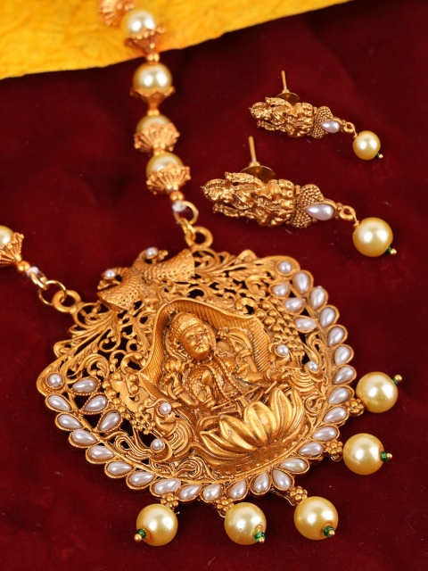 

ANIKAS CREATION Gold-Plated & White Stone Studded Maa Laxmi Temple Jewellery Set