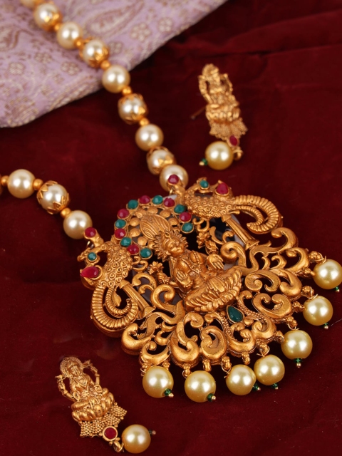 

ANIKAS CREATION Gold- Plated Stone Studded Temple Jewellery Set