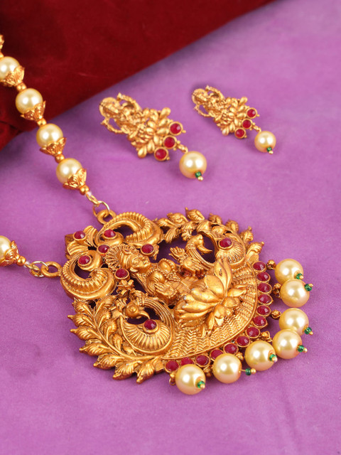 

ANIKAS CREATION Gold-Plated Red stone-studded & beaded Maa Laxmi Temple Jewellery Set