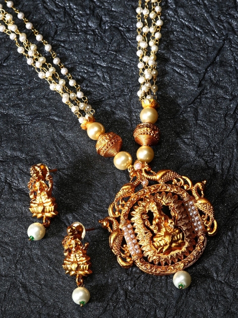 

ANIKAS CREATION White & Gold-Toned & Plated Pearl Beaded Temple Jewellery Set