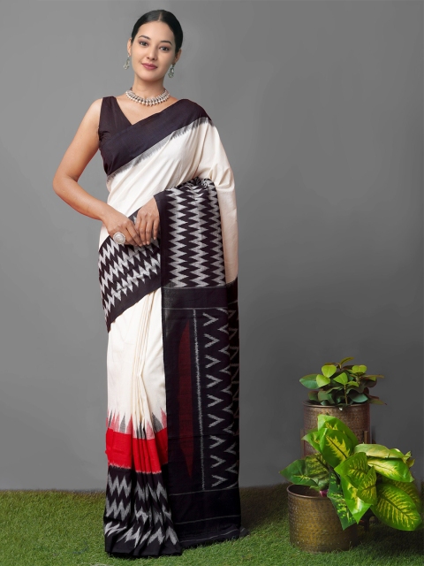 

Unnati Silks Cream-Coloured& Black Cotton Pure Handloom Sustainable Ikat Pochampally Saree