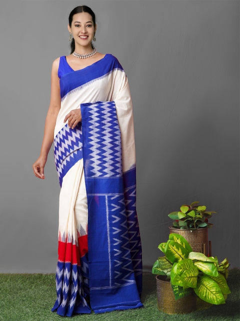 

Unnati Silks Cream & Blue Ikat Pochampally Handloom Pure Cotton Saree