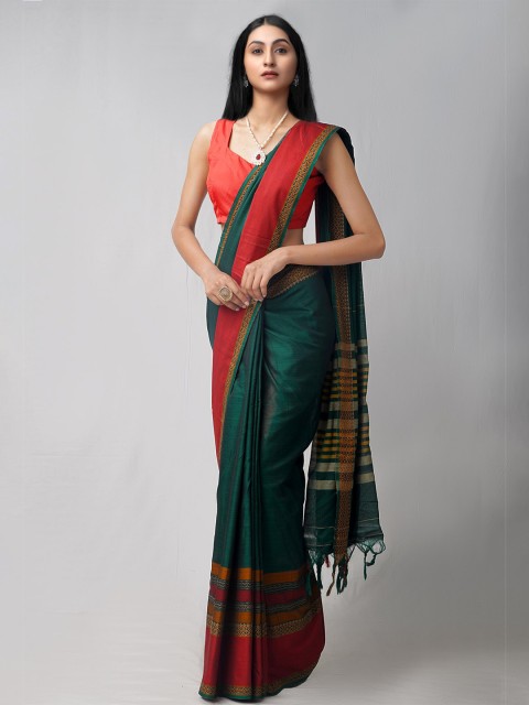 

Unnati Silks Green & Red Woven Design Pure Cotton Kanjeevaram Saree