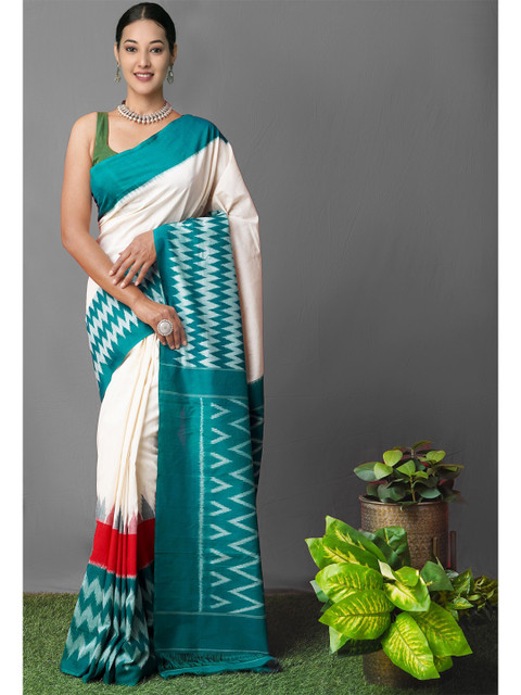 

Unnati Silks Cream-Coloured &Green Cotton Pure Handloom Sustainable Ikat Pochampally Saree