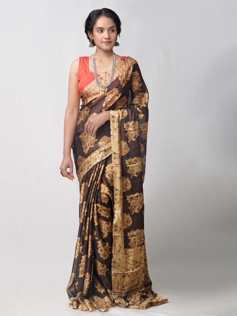 

Unnati Silks Brown & Gold-Toned Ethnic Motifs Printed Block Print Saree