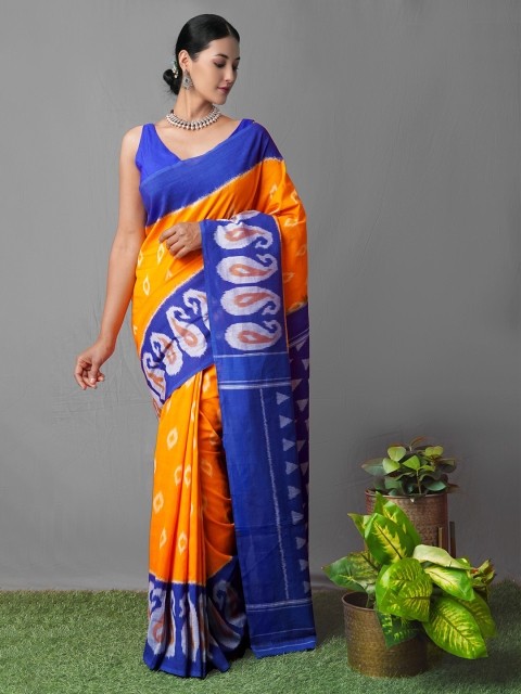 

Unnati Silks Orange & Blue Pure Handloom Sustainable Ikat Cotton Pochampally Saree